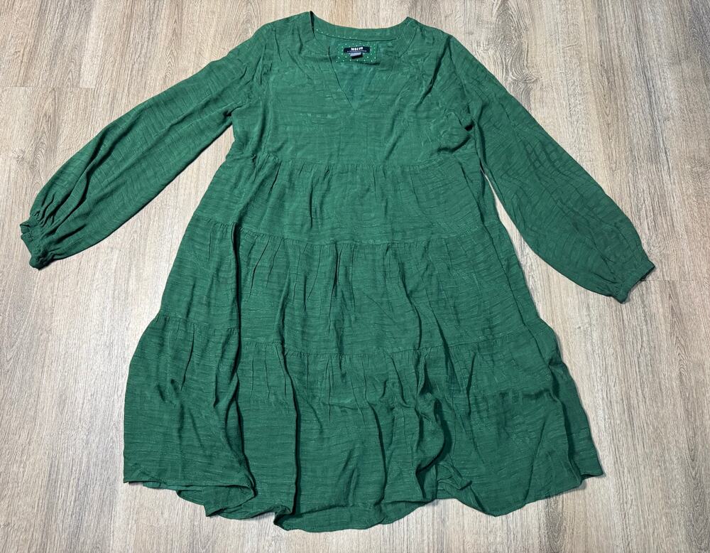 Anthropologie Women's Emerald Green Tiered Long Sleeve Midi Dress